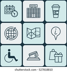 Set Of 9 Transportation Icons. Can Be Used For Web, Mobile, UI And Infographic Design. Includes Elements Such As Shopping, Resort Development, World And More.