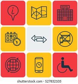 Set Of 9 Transportation Icons. Can Be Used For Web, Mobile, UI And Infographic Design. Includes Elements Such As Info Pointer, Forbidden Mobile, Accessibility And More.
