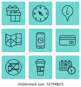 Set Of 9 Transportation Icons. Can Be Used For Web, Mobile, UI And Infographic Design. Includes Elements Such As Plastic Card, Locate, Call Duration And More.