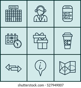 Set Of 9 Transportation Icons. Can Be Used For Web, Mobile, UI And Infographic Design. Includes Elements Such As Present, Crossroad, Takeaway Coffee And More.