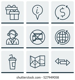 Set Of 9 Transportation Icons. Can Be Used For Web, Mobile, UI And Infographic Design. Includes Elements Such As Money Trasnfer, World, Road Map And More.