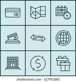 Set Of 9 Transportation Icons. Can Be Used For Web, Mobile, UI And Infographic Design. Includes Elements Such As Crossroad, Appointment, Credit Card And More.