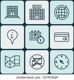 Set Of 9 Transportation Icons. Can Be Used For Web, Mobile, UI And Infographic Design. Includes Elements Such As Appointment, Forbidden Mobile, World And More.