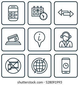 Set Of 9 Transportation Icons. Can Be Used For Web, Mobile, UI And Infographic Design. Includes Elements Such As World, Appointment, Call Duration And More.