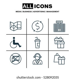 Set Of 9 Transportation Icons. Can Be Used For Web, Mobile, UI And Infographic Design. Includes Elements Such As Road Map, Resort Development, Present And More.