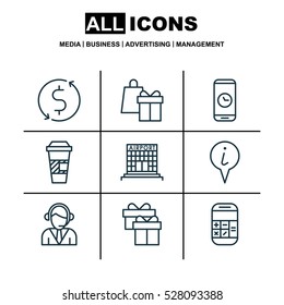 Set Of 9 Transportation Icons. Can Be Used For Web, Mobile, UI And Infographic Design. Includes Elements Such As Calculation, Present, Airfield Manufacture And More.
