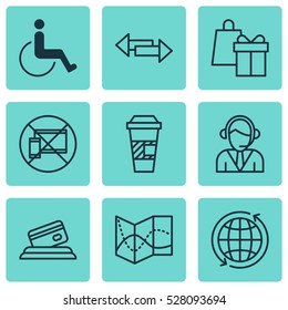 Set Of 9 Transportation Icons. Can Be Used For Web, Mobile, UI And Infographic Design. Includes Elements Such As World, Road Map, Operator And More.