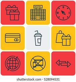 Set Of 9 Transportation Icons. Can Be Used For Web, Mobile, UI And Infographic Design. Includes Elements Such As Drink Cup, Shopping, World And More.