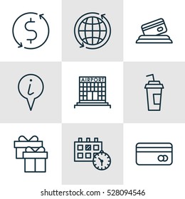 Set Of 9 Transportation Icons. Can Be Used For Web, Mobile, UI And Infographic Design. Includes Elements Such As Credit Card, Drink Cup, Appointment And More.
