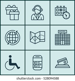 Set Of 9 Transportation Icons. Can Be Used For Web, Mobile, UI And Infographic Design. Includes Elements Such As Road Map, Accessibility, Resort Development And More.
