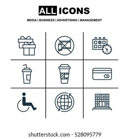 Set Of 9 Transportation Icons. Can Be Used For Web, Mobile, UI And Infographic Design. Includes Elements Such As Takeaway Coffee, Drink Cup, Forbidden Mobile And More.