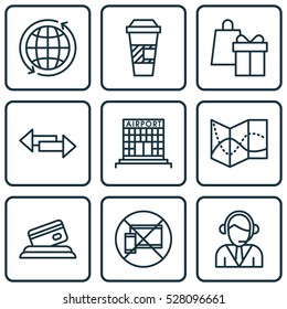 Set Of 9 Transportation Icons. Can Be Used For Web, Mobile, UI And Infographic Design. Includes Elements Such As Operator, Forbidden Mobile, Road Map And More.