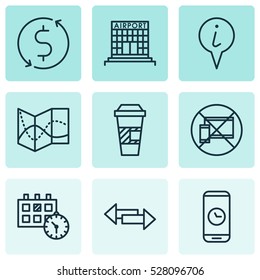 Set Of 9 Transportation Icons. Can Be Used For Web, Mobile, UI And Infographic Design. Includes Elements Such As Takeaway Coffee, Call Duration, Road Map And More.