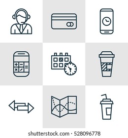 Set Of 9 Transportation Icons. Can Be Used For Web, Mobile, UI And Infographic Design. Includes Elements Such As Crossroad, Call Duration, Operator And More.