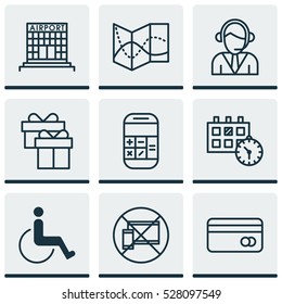 Set Of 9 Transportation Icons. Can Be Used For Web, Mobile, UI And Infographic Design. Includes Elements Such As Accessibility, Airfield Manufacture, Road Map And More.