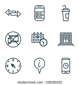 Set Of 9 Transportation Icons. Can Be Used For Web, Mobile, UI And Infographic Design. Includes Elements Such As Airfield Manufacture, Locate, Info Pointer And More.