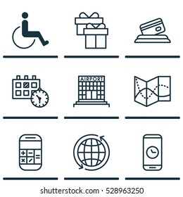 Set Of 9 Transportation Icons. Can Be Used For Web, Mobile, UI And Infographic Design. Includes Elements Such As Credit Card, Present, Appointment And More.
