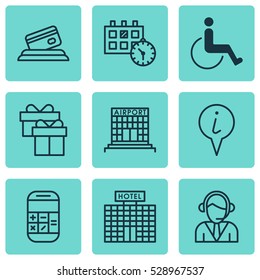 Set Of 9 Transportation Icons. Can Be Used For Web, Mobile, UI And Infographic Design. Includes Elements Such As Calculation, Airfield Manufacture, Resort Development And More.