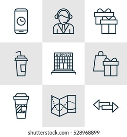 Set Of 9 Transportation Icons. Can Be Used For Web, Mobile, UI And Infographic Design. Includes Elements Such As Drink Cup, Crossroad, Shopping And More.