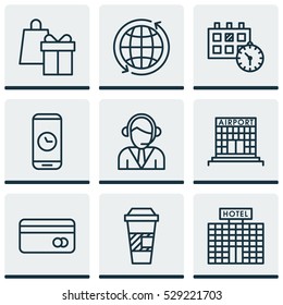 Set Of 9 Transportation Icons. Can Be Used For Web, Mobile, UI And Infographic Design. Includes Elements Such As Resort Development, Appointment, World And More.