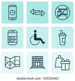 Set Of 9 Transportation Icons. Can Be Used For Web, Mobile, UI And Infographic Design. Includes Elements Such As Call Duration, Crossroad, Forbidden Mobile And More.