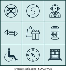 Set Of 9 Transportation Icons. Can Be Used For Web, Mobile, UI And Infographic Design. Includes Elements Such As Airfield Manufacture, Operator, Locate And More.
