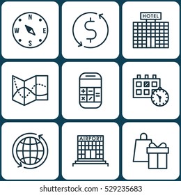 Set Of 9 Transportation Icons. Can Be Used For Web, Mobile, UI And Infographic Design. Includes Elements Such As Shopping, Calculation, World And More.