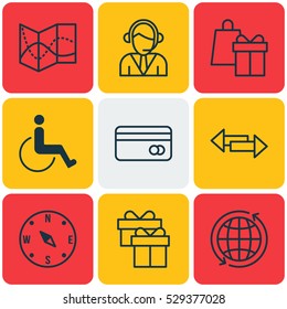 Set Of 9 Transportation Icons. Can Be Used For Web, Mobile, UI And Infographic Design. Includes Elements Such As Present, Crossroad, Shopping And More.