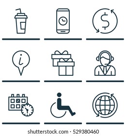 Set Of 9 Transportation Icons. Can Be Used For Web, Mobile, UI And Infographic Design. Includes Elements Such As Drink Cup, Accessibility, Money Trasnfer And More.