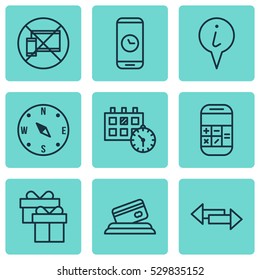 Set Of 9 Transportation Icons. Can Be Used For Web, Mobile, UI And Infographic Design. Includes Elements Such As Locate, Call Duration, Calculation And More.