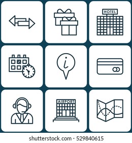 Set Of 9 Transportation Icons. Can Be Used For Web, Mobile, UI And Infographic Design. Includes Elements Such As Operator, Info Pointer, Resort Development And More.
