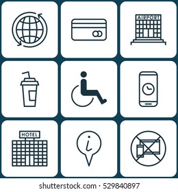 Set Of 9 Transportation Icons. Can Be Used For Web, Mobile, UI And Infographic Design. Includes Elements Such As Forbidden Mobile, Plastic Card, Airfield Manufacture And More.