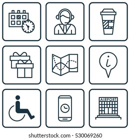 Set Of 9 Transportation Icons. Can Be Used For Web, Mobile, UI And Infographic Design. Includes Elements Such As Airfield Manufacture, Road Map, Operator And More.