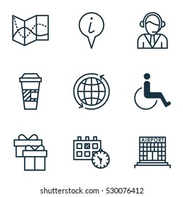 Set Of 9 Transportation Icons. Can Be Used For Web, Mobile, UI And Infographic Design. Includes Elements Such As Takeaway Coffee, Operator, Info Pointer And More.