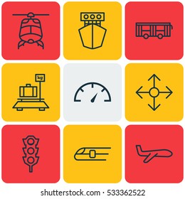 Set Of 9 Transportation Icons. Can Be Used For Web, Mobile, UI And Infographic Design. Includes Elements Such As Metro, Ship, Speed Checker And More.