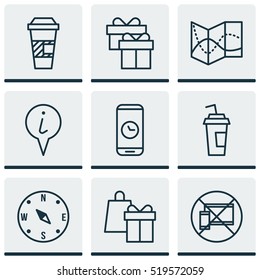 Set Of 9 Transportation Icons. Includes Elements Such As Box, Time, Compass And More.