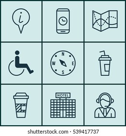 Set Of 9 Transportation Icons. Includes Locate, Resort Development, Road Map And Other Symbols. Beautiful Design Elements.