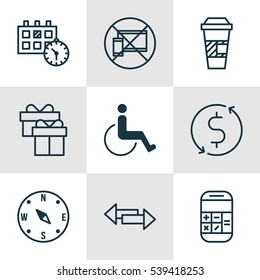 Set Of 9 Transportation Icons. Includes Accessibility, Locate, Takeaway Coffee And Other Symbols. Beautiful Design Elements.