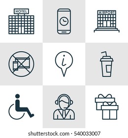 Set Of 9 Transportation Icons. Includes Present, Drink Cup, Info Pointer And Other Symbols. Beautiful Design Elements.