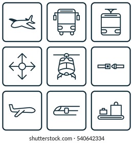 Set Of 9 Transportation Icons. Includes Chopper, Baggage Carousel, Streetcar And Other Symbols. Beautiful Design Elements.