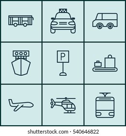 Set Of 9 Transportation Icons. Includes Streetcar, Flight Vehicle, Ship And Other Symbols. Beautiful Design Elements.