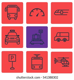 Set Of 9 Transportation Icons. Includes Flight Vehicle, Car Vehicle, Streetcar And Other Symbols. Beautiful Design Elements.