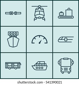 Set Of 9 Transportation Icons. Includes Safety Belt, Vehicle, Ship And Other Symbols. Beautiful Design Elements.