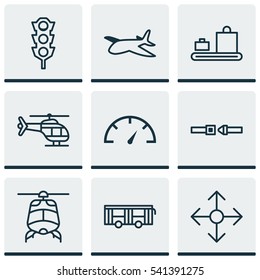 Set Of 9 Transportation Icons. Includes Chopper, Plane, Safety Belt And Other Symbols. Beautiful Design Elements.