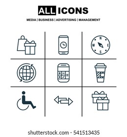 Set Of 9 Transportation Icons. Includes Takeaway Coffee, Calculation, Shopping And Other Symbols. Beautiful Design Elements.