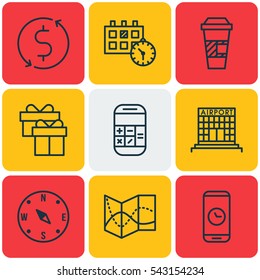 Set Of 9 Transportation Icons. Includes Airfield Manufacture, Call Duration, Present And Other Symbols. Beautiful Design Elements.