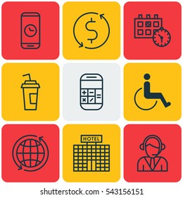 Set Of 9 Transportation Icons. Includes Call Duration, Accessibility, Drink Cup And Other Symbols. Beautiful Design Elements.