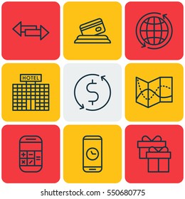 Set Of 9 Transportation Icons. Includes Road Map, Crossroad, Resort Development And Other Symbols. Beautiful Design Elements.