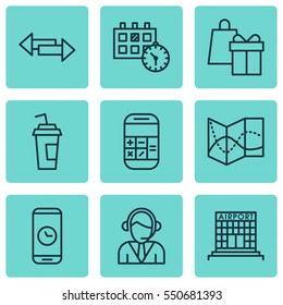 Set Of 9 Transportation Icons. Includes Shopping, Crossroad, Drink Cup And Other Symbols. Beautiful Design Elements.