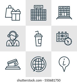 Set Of 9 Transportation Icons. Includes Airfield Manufacture, Info Pointer, Credit Card And Other Symbols. Beautiful Design Elements.